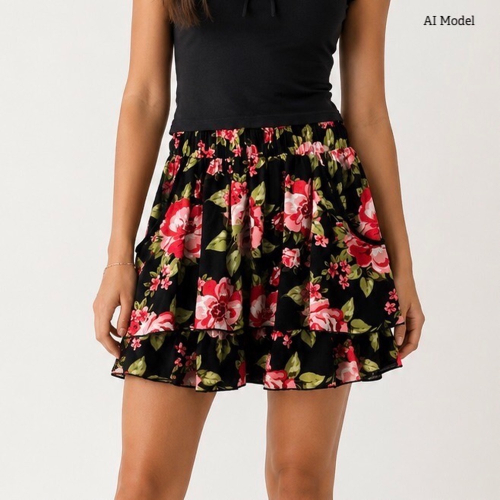 Xhilaration - Black and Pink Floral Mini Skirt